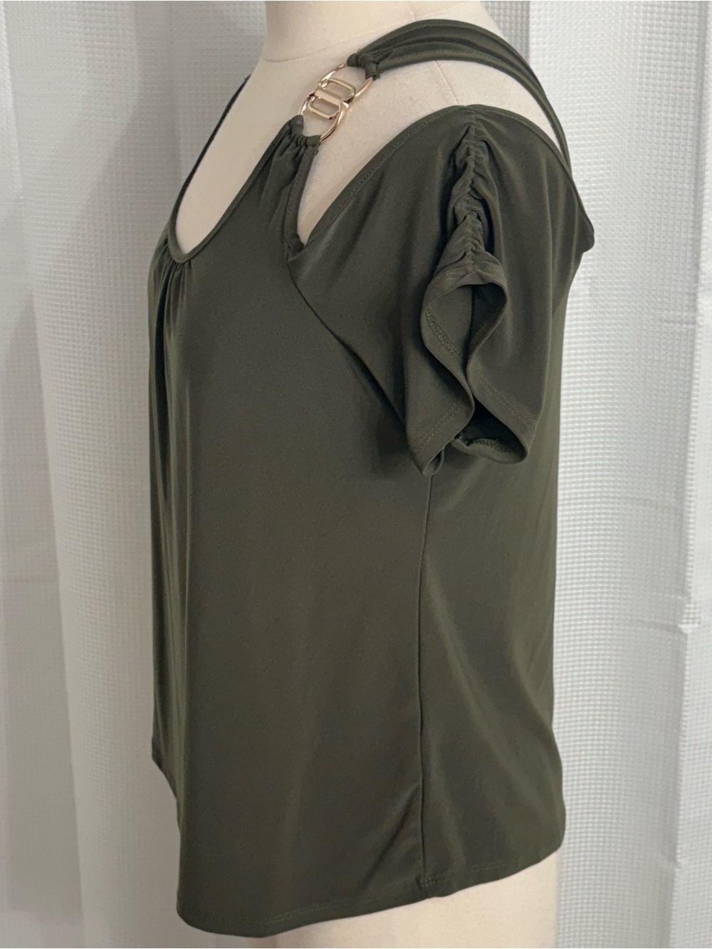 Perseption Concept Women's Shoulder Cutout, Short Sleeve, Tunic Top, Green, Sz L - Picture 5 of 6